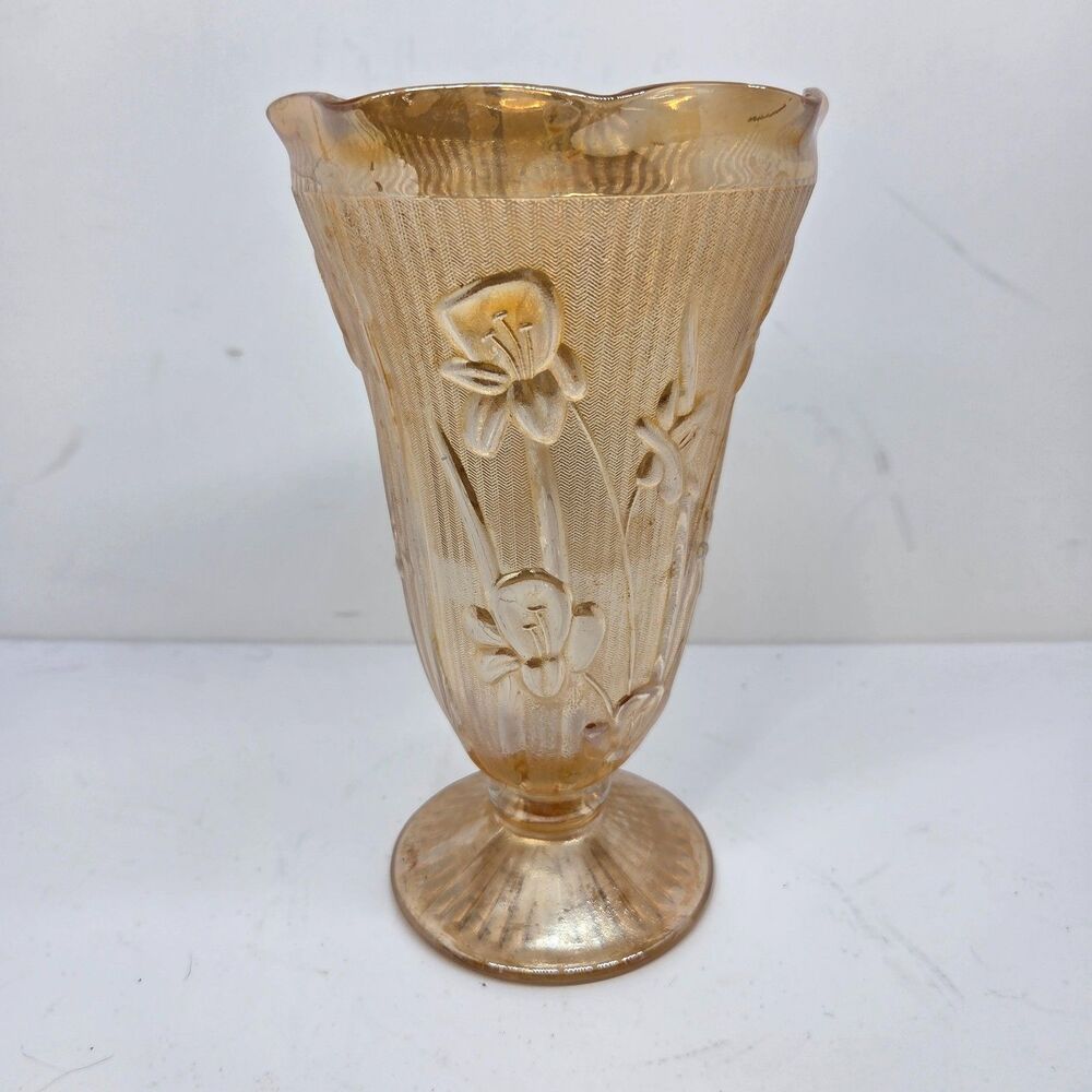 Jeanette Glass Co. Vintage Amber Iris And Herringbone 9" Iridescent  Vase  VGC